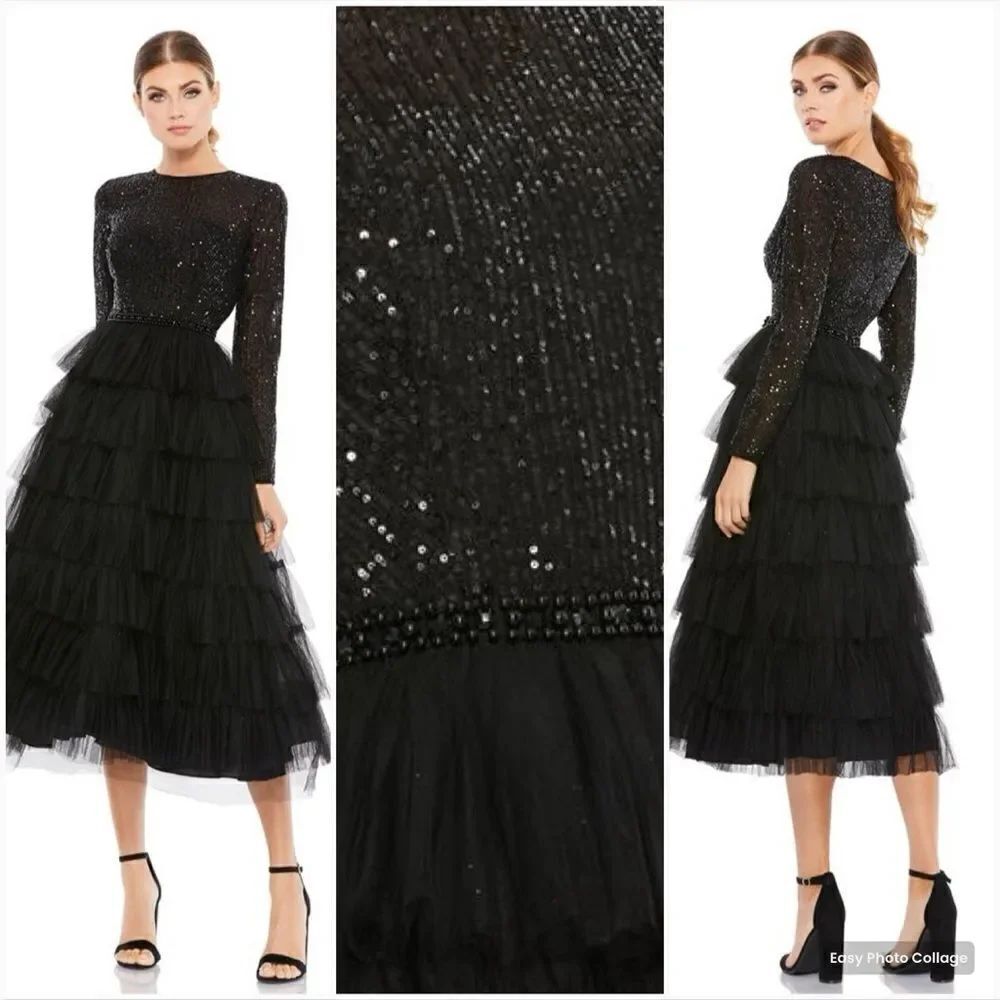 Mac Duggal 26299 Long Sleeve Ruffle Tiered Midi Dress Black 14 Stretch